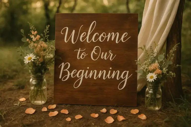 Wooden sign reading Welcome to Our Beginning with flowers and petals on the ground in an outdoor setting.