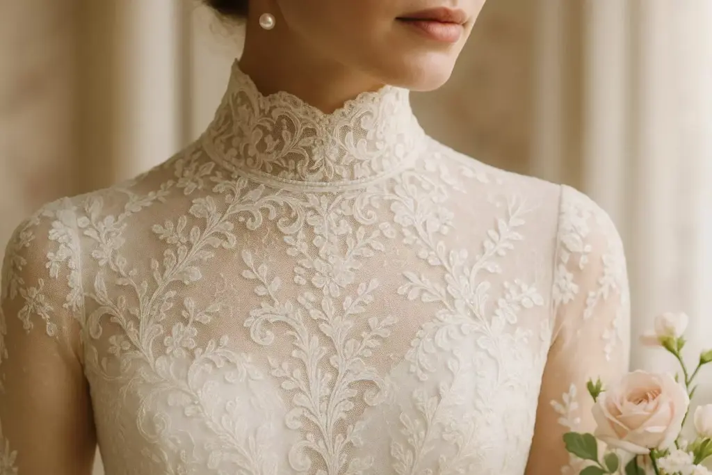 Woman in a high-neck lace wedding dress holding a pale pink rose, with pearl earrings visible.