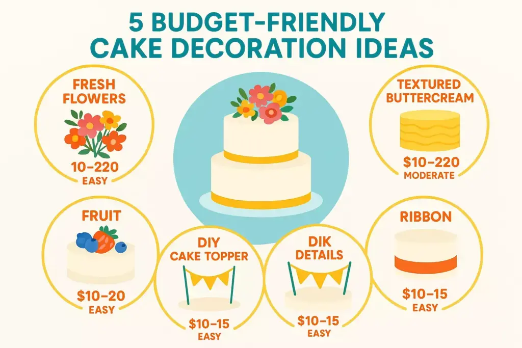 Infographic of six budget-friendly cake decoration ideas with icons, names, costs, and difficulty levels.