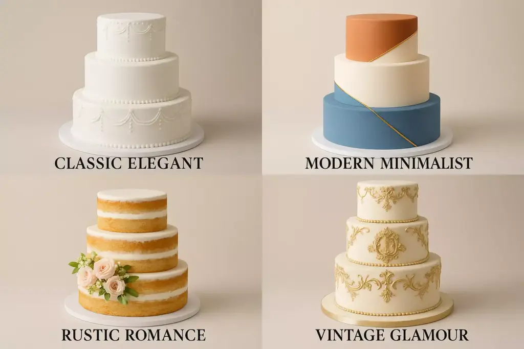 Four wedding cakes: classic white, modern blue and peach, rustic with flowers, and vintage gold ornate.
