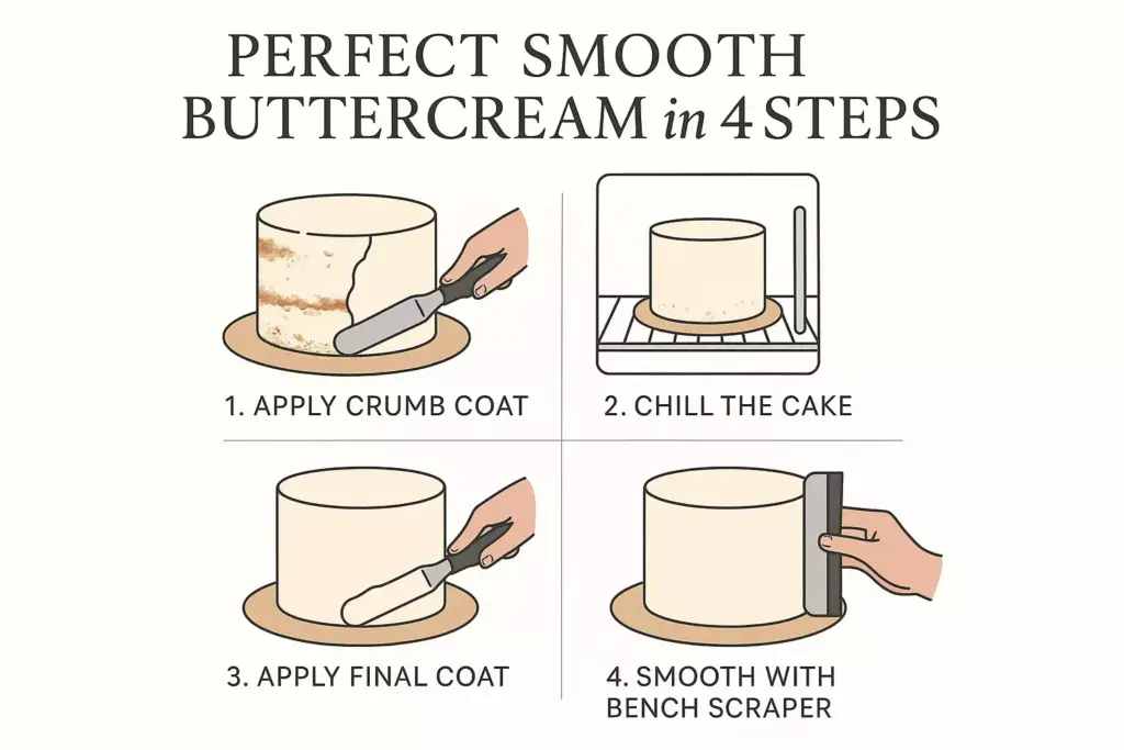 4-step buttercream guide: crumb coat, chill, final coat, and smooth with bench scraper on a cake.