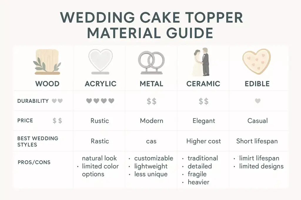 A comparison chart of wood, acrylic, metal, ceramic, and edible wedding cake topper materials.