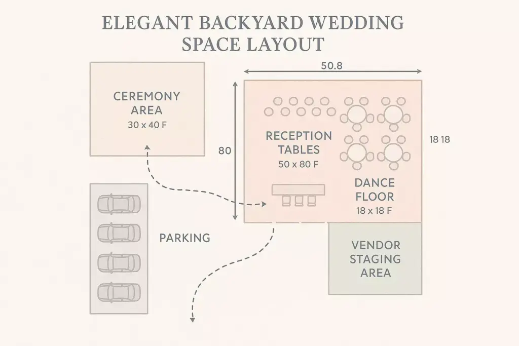 Backyard wedding layout with ceremony, reception, dance floor, vendor area, and parking labeled with sizes.