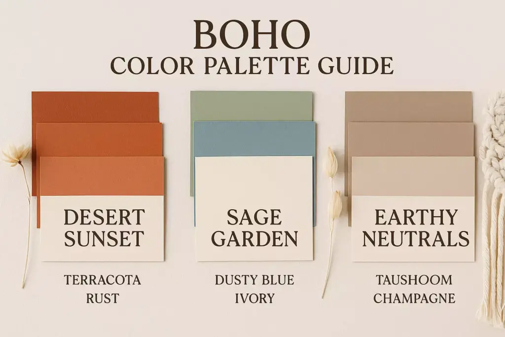 Three boho color palettes: Desert Sunset, Sage Garden, and Earthy Neutrals, each with three color swatches.
