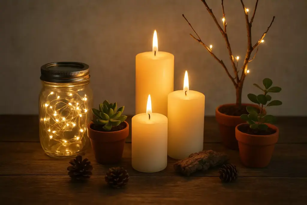 Lit candles, fairy lights in a jar, small potted plants, and pinecones arranged on a wooden surface.