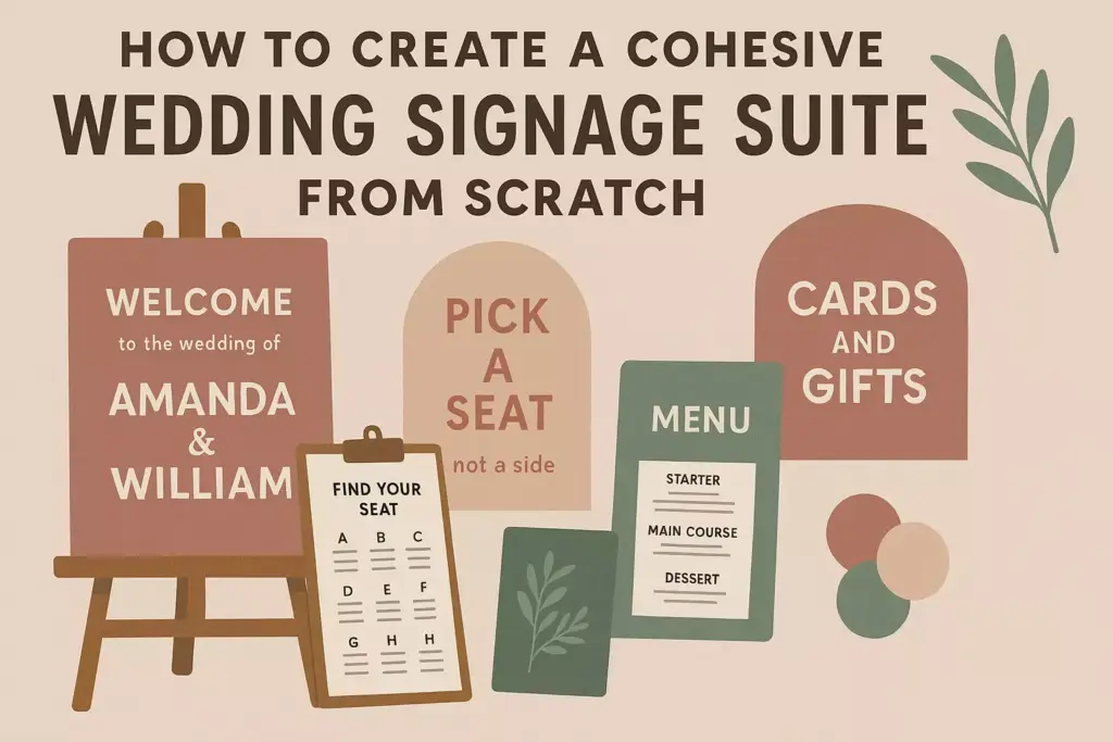 An illustration of various wedding signs with the heading How to Create a Cohesive Wedding Signage Suite.