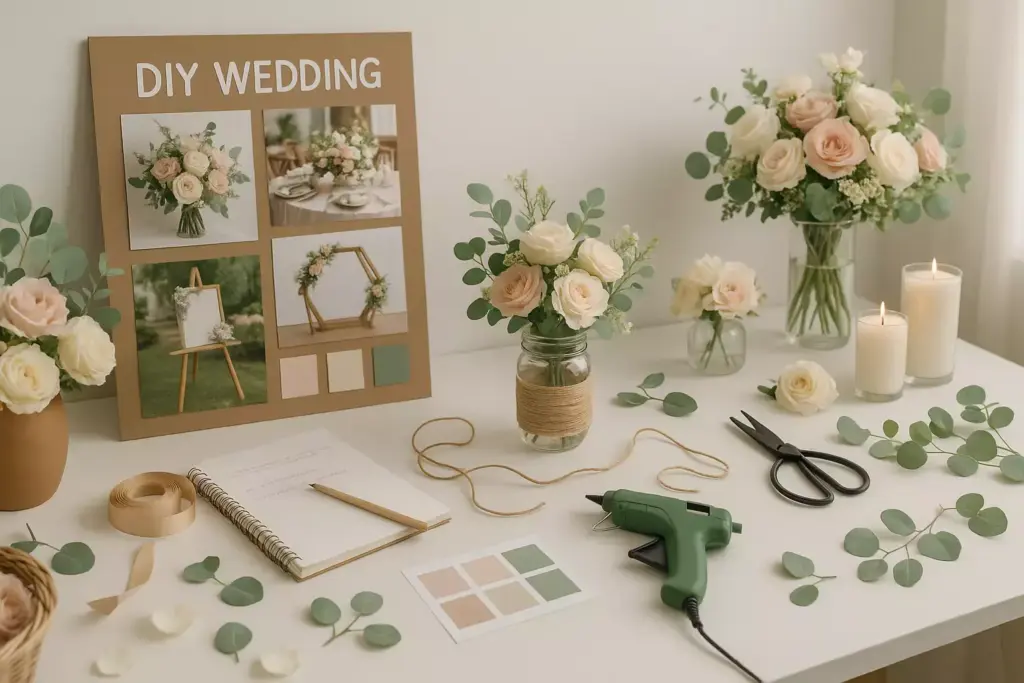A DIY wedding planning table with flowers, candles, tools, and a board showing floral decor ideas.