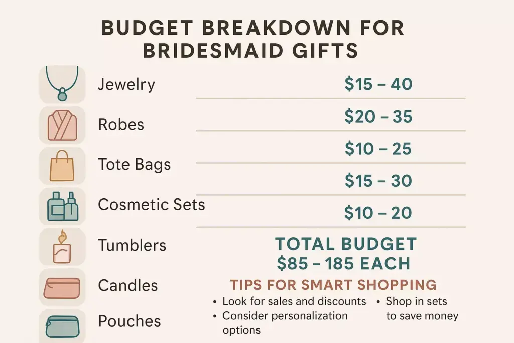 Budget breakdown chart for bridesmaid gifts with price ranges for various gift ideas and shopping tips.