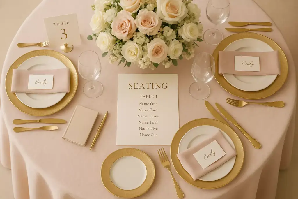 Elegant wedding table setting with gold accents, flower centerpiece, and seating chart on a white tablecloth.