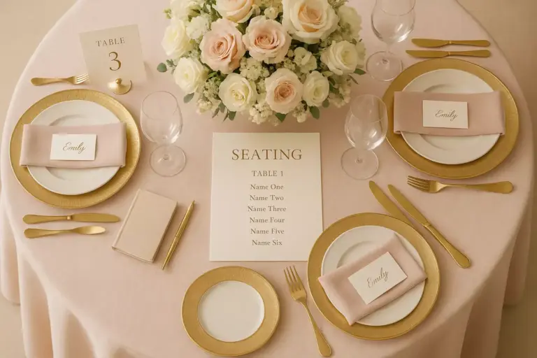 Elegant wedding table setting with gold accents, flower centerpiece, and seating chart on a white tablecloth.