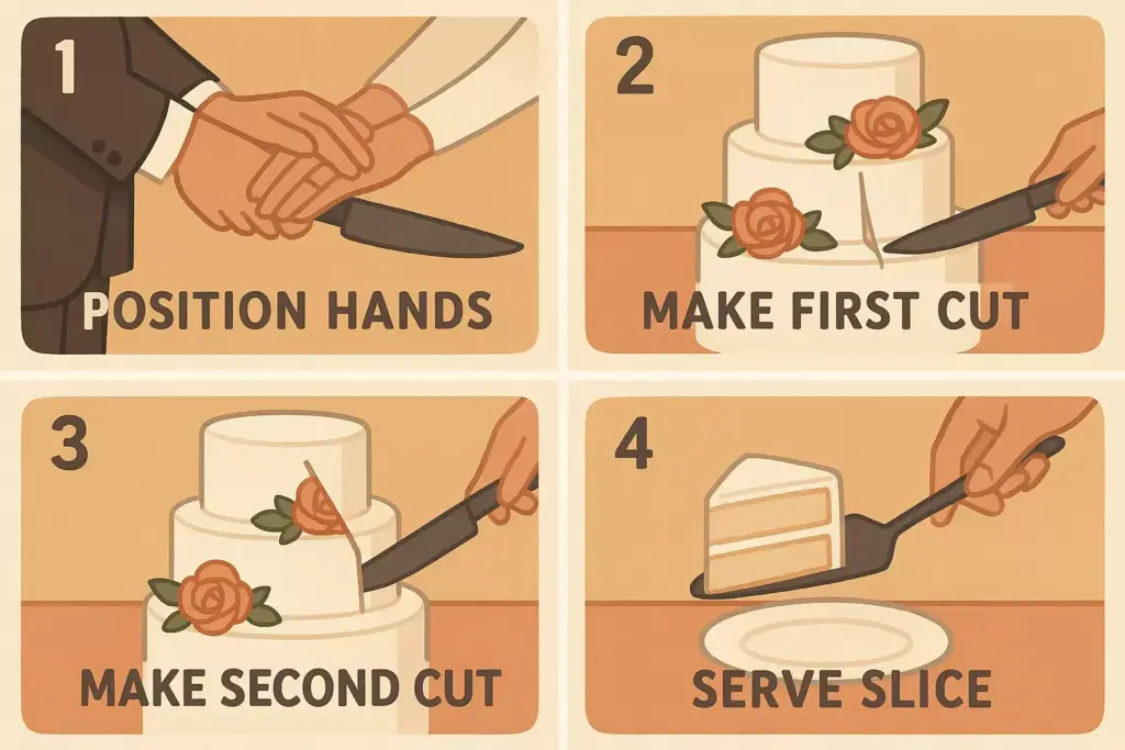 Four-step illustrated guide to cutting and serving a two-tiered cake with hands and a knife.