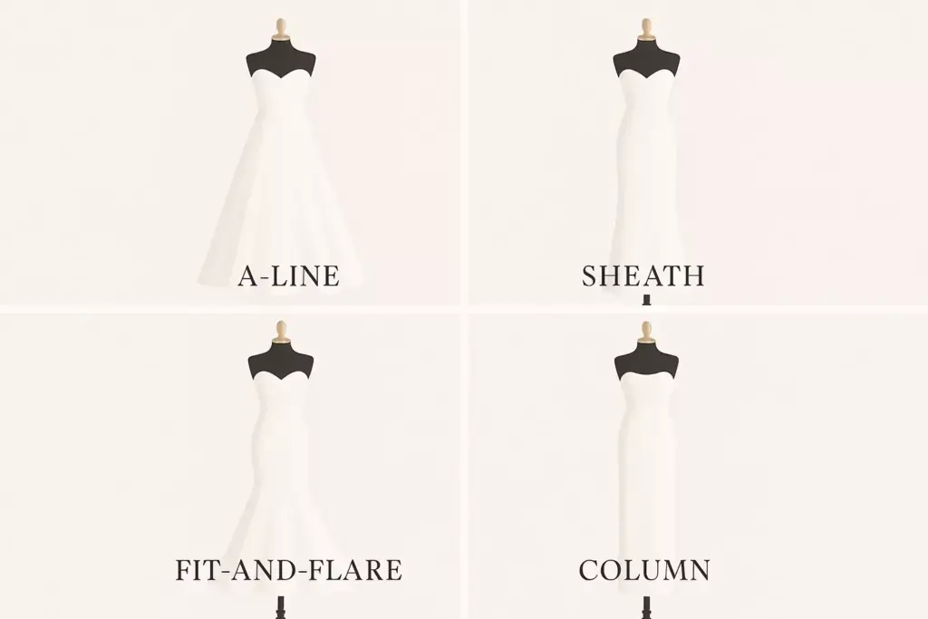 Four wedding dresses on mannequins labeled A-Line, Sheath, Fit-and-Flare, and Column, each with a different silhouette.