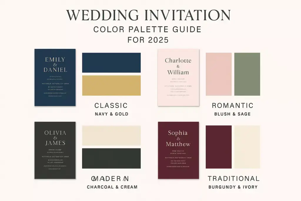 Wedding invitation color palette guide for 2025 with examples of classic, romantic, modern, and traditional styles.