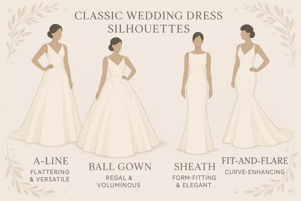 Illustration of four classic wedding dress silhouettes: A-line, ball gown, sheath, and fit-and-flare, with labels.