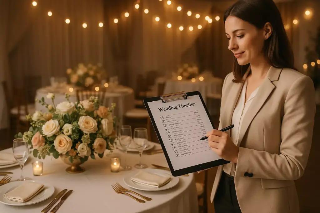 Woman in suit holding a clipboard with a wedding timeline at an elegant, decorated reception table.