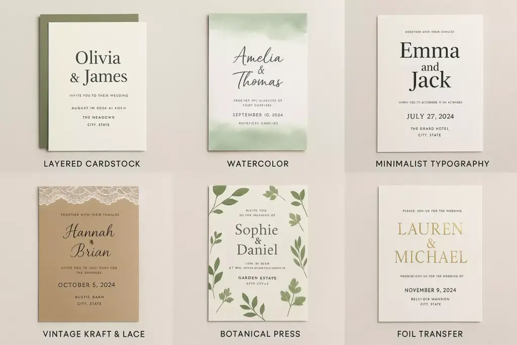 Six different wedding invitations with various fonts, colors, and decorative styles are displayed in two rows.