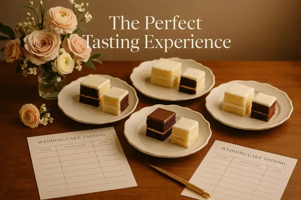 Four plates with cake samples, flowers, and wedding cake tasting scorecards arranged on a table.