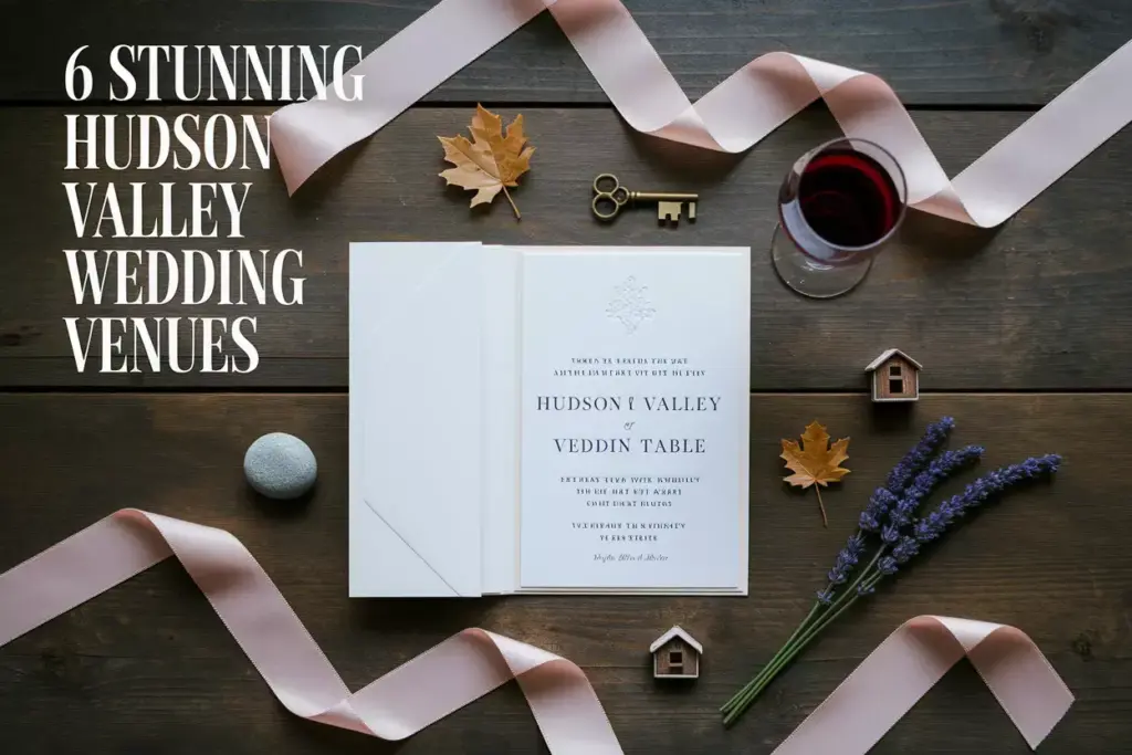 Flat lay wedding invitation surrounded by symbols for hudson valley venues