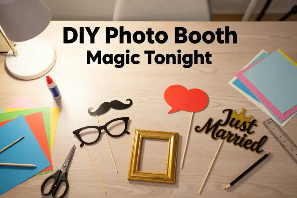Overhead flat lay of diy photobooth props and craft supplies
