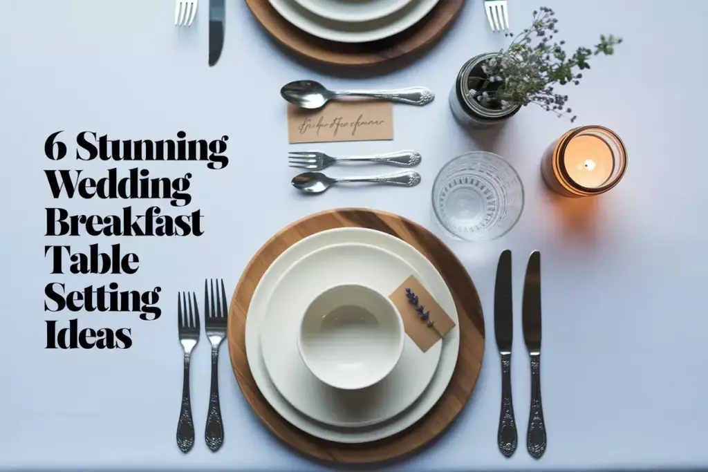 Overhead view rustic elegant wedding breakfast table setting with flowers