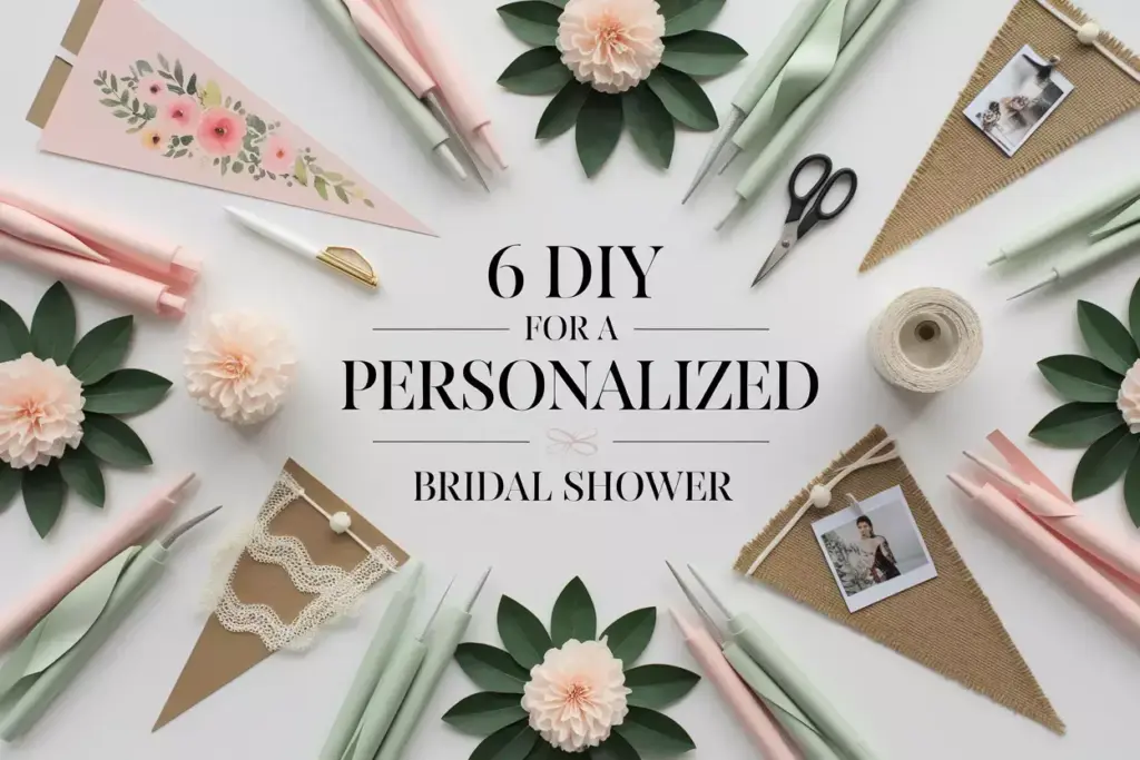 Personalized bridal shower diy banner crafting station overhead flatlay