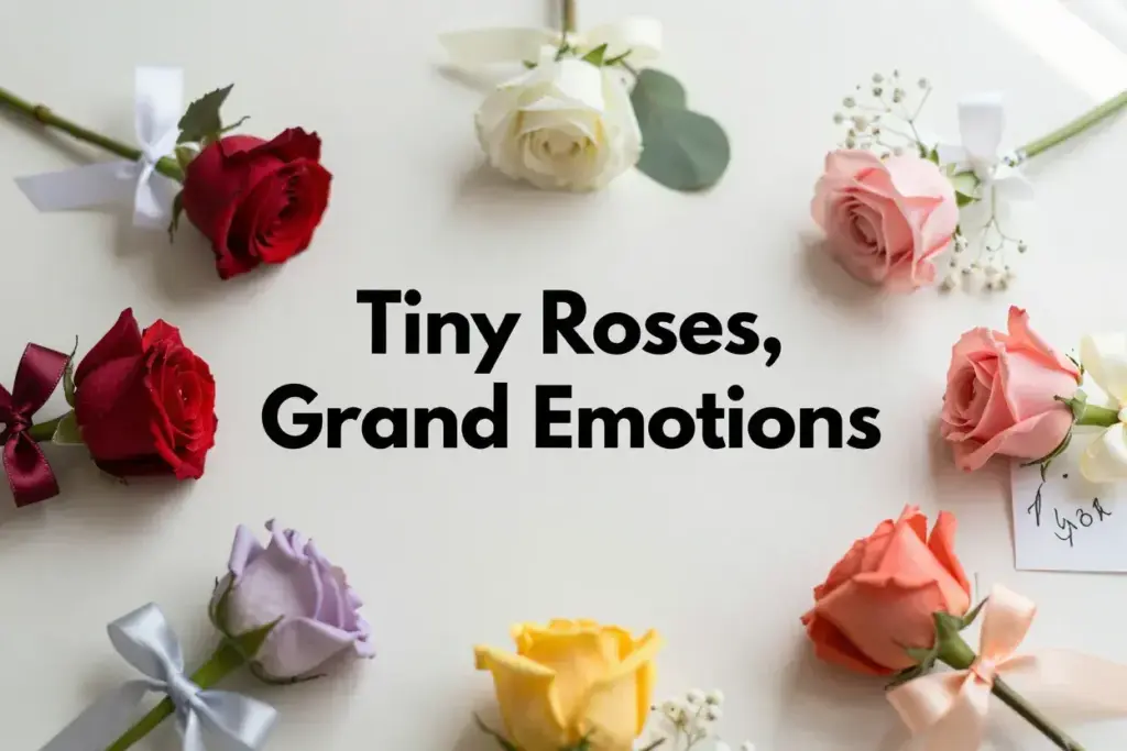 Six petite rose bouquets symbolic colors on minimalist background