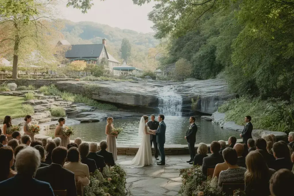 Buttermilk falls inn waterfall wedding ceremony stone amphitheater autumn foliage