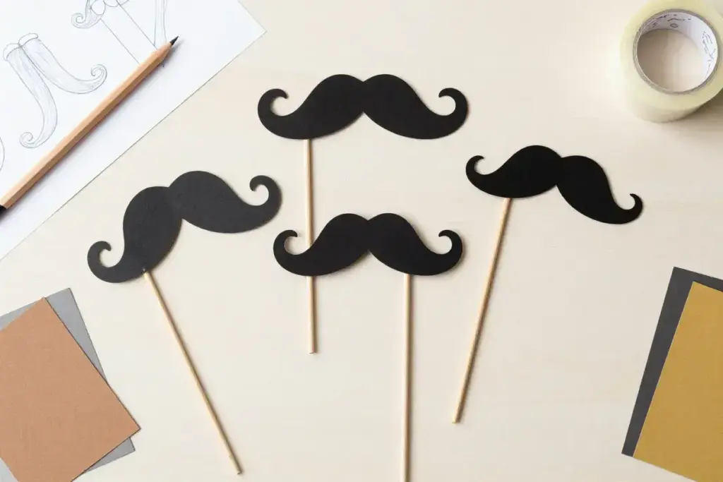 Overhead flat lay black cardstock mustache props dowel handles