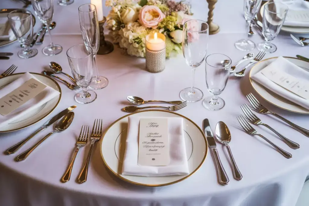 Overhead formal table setting white linens crystal candles low flowers