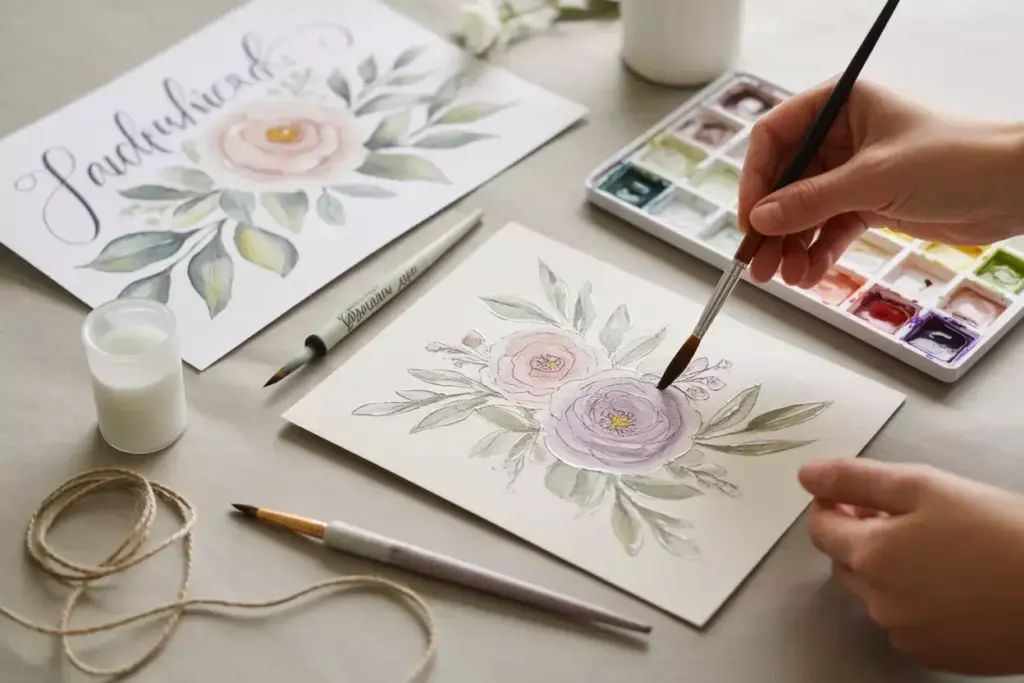 Overhead shot of artist hands painting watercolor florals for elegant bridal shower banner