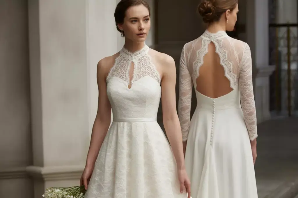 The romantic lace halter with keyhole back bride in garden