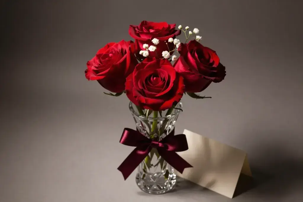Three red roses baby breath crystal vase romantic studio shot