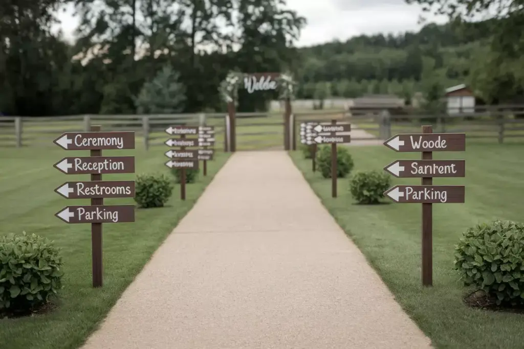 Directional signs wooden arrows ceremony reception parking pathway