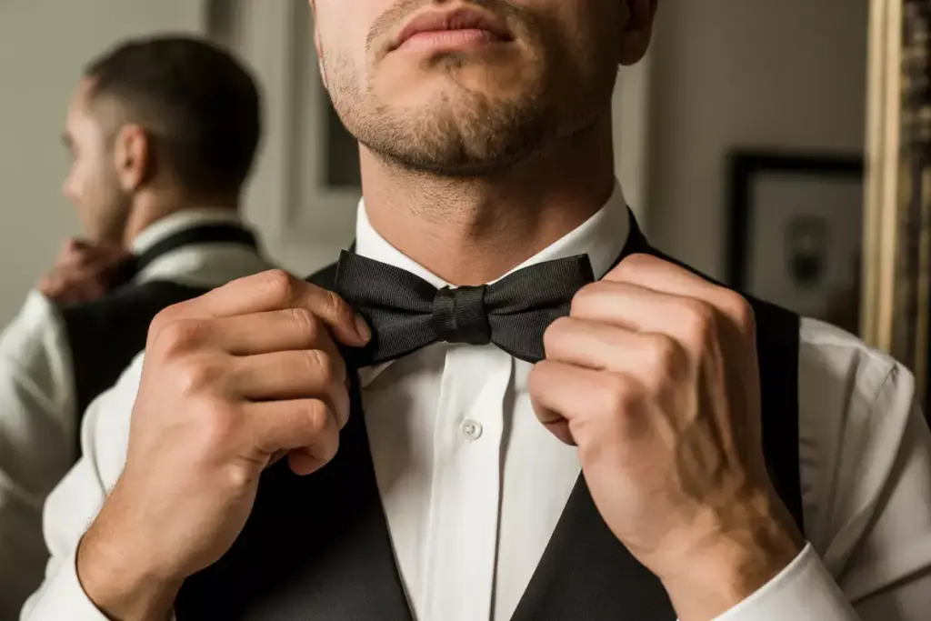 Hands tying a black silk bow tie on a white shirt