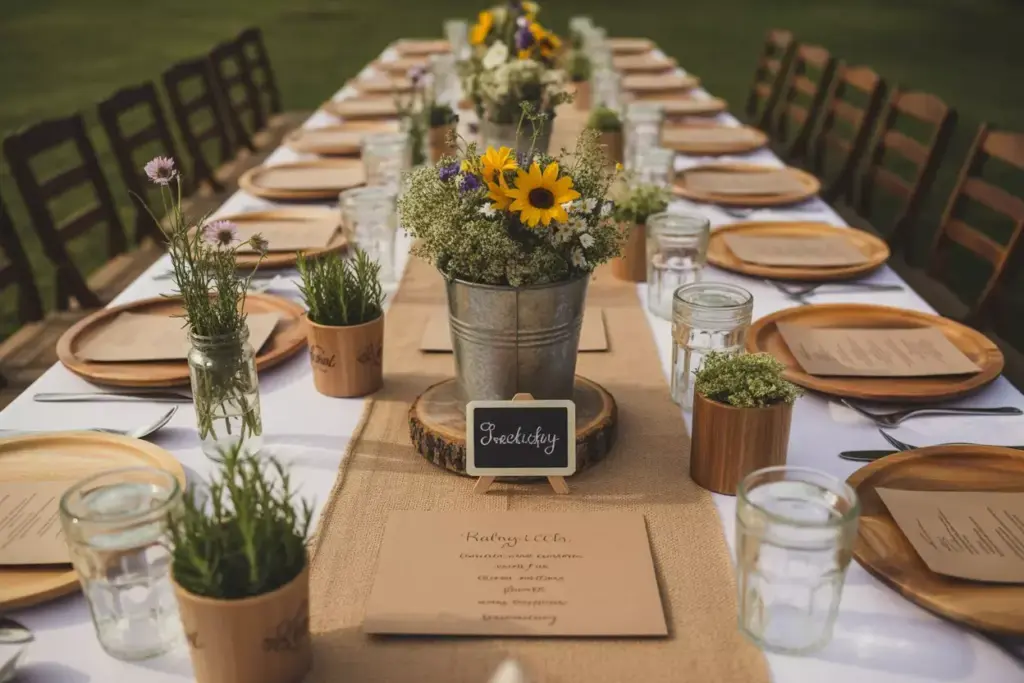 Long outdoor rustic table burlap runner mason jars wildflowers
