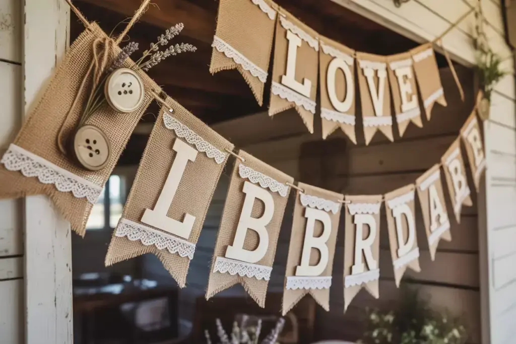 Rustic burlap and lace banner hanging in a vintage barn venue setting