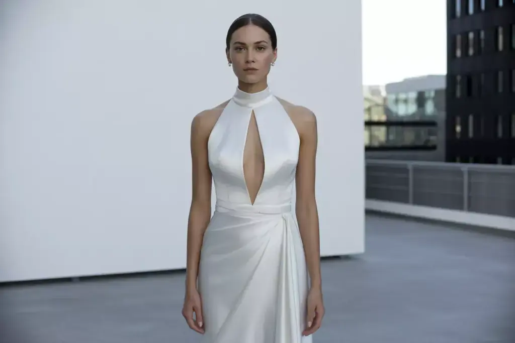 The sleek satin halter with dramatic low back modern urban setting