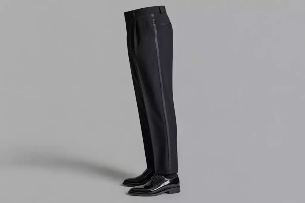 Black tuxedo trouser with satin stripe and patent shoe