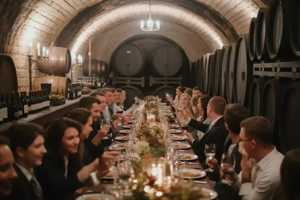 Brotherhood winery underground cellar wedding reception banquet table