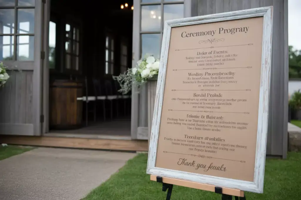 Ceremony program sign large weathered wood events names easel