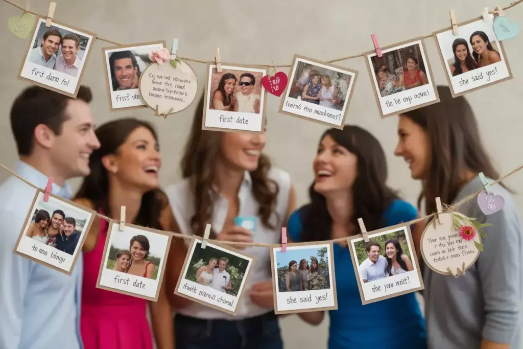Guests viewing a personalized photo timeline memory banner at a bridal shower
