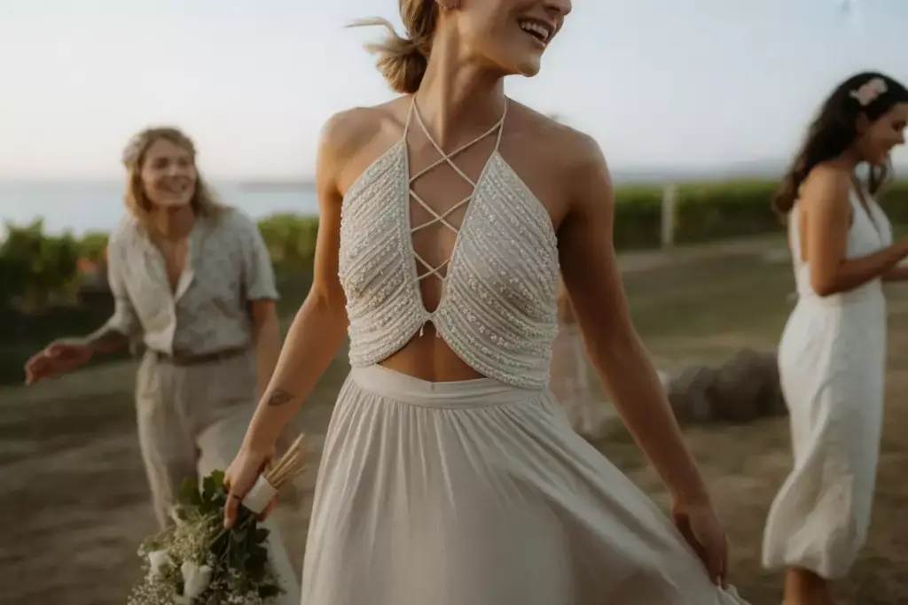 The bohemian beaded halter with open back beach sunset