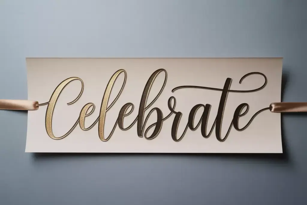 Flat lay of luxurious gold leaf accented calligraphy banner piece on gray