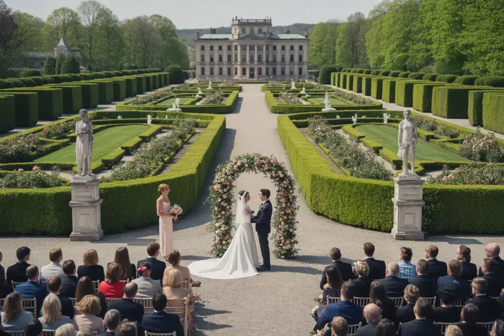 Glenmere mansion formal garden wedding ceremony floral arch