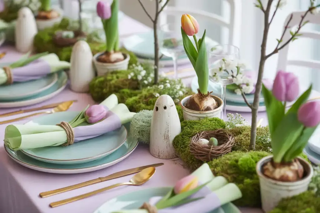 Spring place setting pastel linen tulip moss bird nest