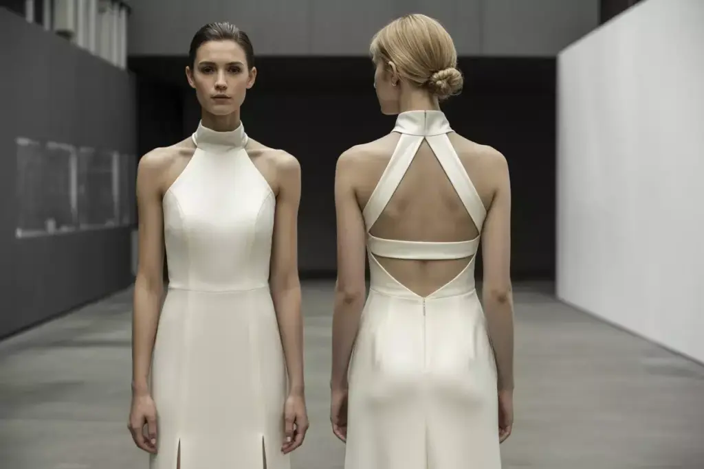 The contemporary crepe halter with geometric back art museum
