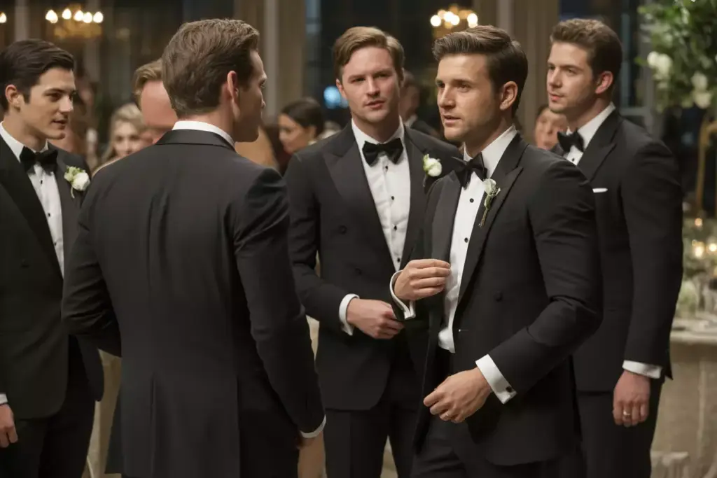 Wedding reception with men in tuxedos wearing jackets