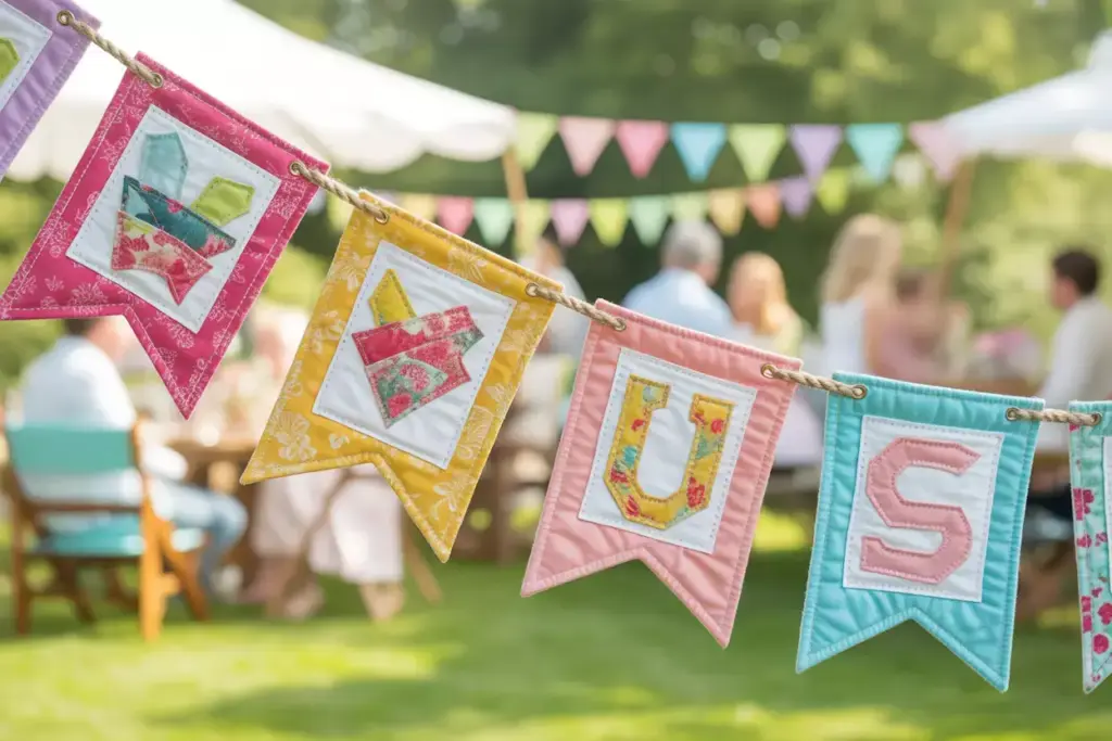 Colorful fabric applique pennant banner hanging outdoor at garden party