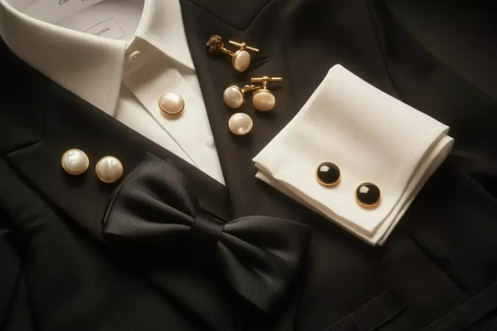 Flat lay of formal accessories stud cufflinks pocket square