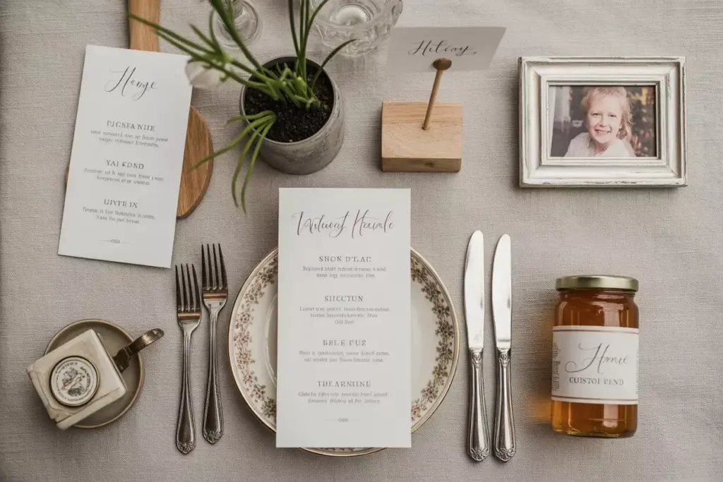 Flat lay personalized wedding breakfast details menu favor